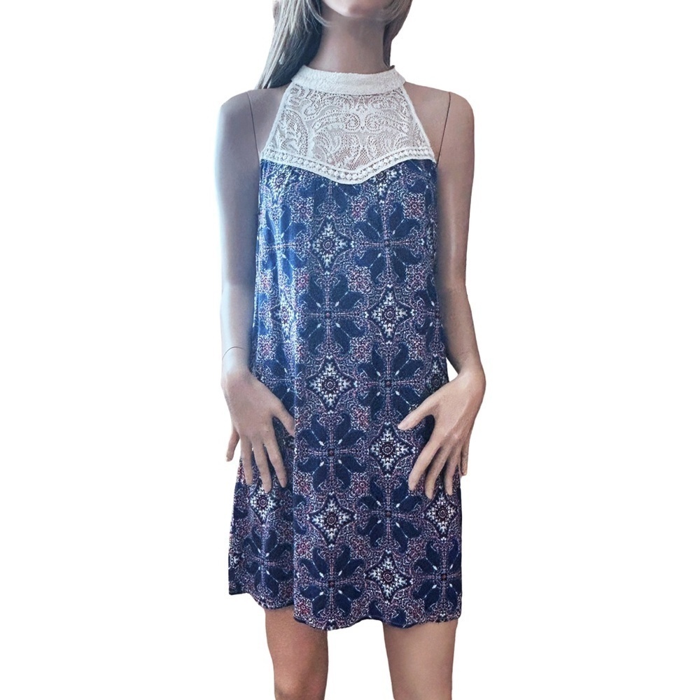 As U Wish Rayon & Lace Shift Choker Dress with Keyhole Close Aztec Floral M-L